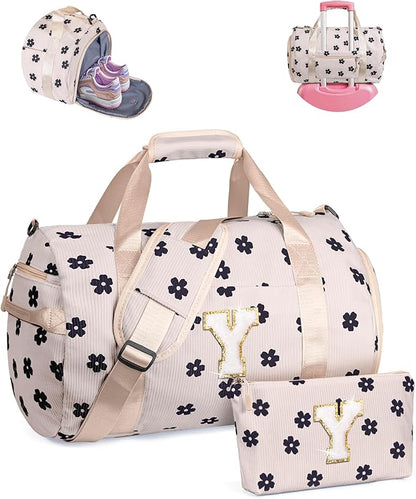 Trip Essentials for Teenager, Girls Gym Bag, Kids Personalized Overnight Duffel Bags with Shoe Compartment, Customized Travel Tote with Toiletry Bag, Christmas Thanksgiving Gift (Letter Y)