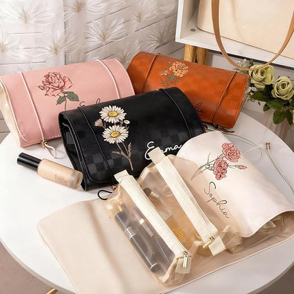 callie Personalized Makeup Bag - Custom Name & Birth Flower, Leather Cosmetic Organizer Make Up Bag, Birthday Christmas Travel Gifts for Women