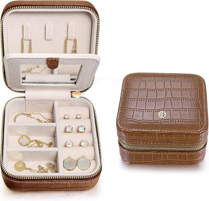 S.Leaf Travel Jewelry Organizer Boxes for Women Small Portable Necklace Earrings Bracelet Rings Travel Case Best Friend Birthday Gifts for Women Trendy (12_Pattern_Crocodile_Brown_01)