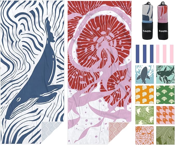 Eunzel 2 Pack Microfiber Beach Towel, Quick Dry Travel Towel Large Sand Free Towel for Beach, Camping, Swim Pool, Gym, Sports& Yoga 71"x32", Whale& Jellyfish