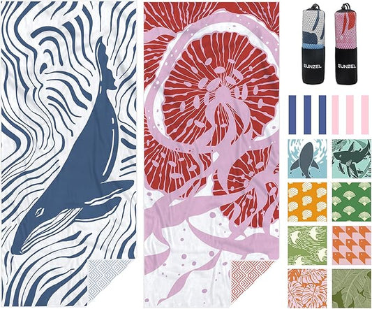Eunzel 2 Pack Microfiber Beach Towel, Quick Dry Travel Towel Large Sand Free Towel for Beach, Camping, Swim Pool, Gym, Sports& Yoga 71"x32", Whale& Jellyfish