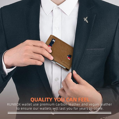 RUNBOX Slim Wallets for Men - Leather Money Clip Mens Wallet - RFID Blocking Front Pocket Bifold Wallet - Thin Credit Card Holder with Gift Box