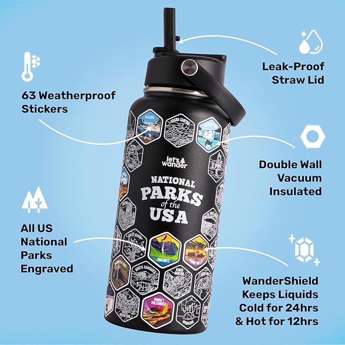 LET'S WANDER National Parks Water Bottle 2.0 Ultimate Bundle | Includes Straw Lid, Chug Lid and 2 Sets of 63 Waterproof Stickers | 32oz Leakproof Insulated Stainless Steel Gift Pack (Black)