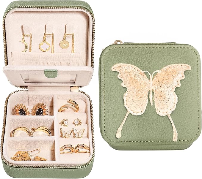 S.Leaf Travel Jewelry Organizer Boxes for Women Small Portable Necklace Earrings Bracelet Rings Travel Case Best Friend Birthday Gifts for Women Trendy (Butterfly_Fadegreen_Gold)
