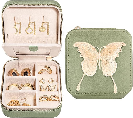 S.Leaf Travel Jewelry Organizer Boxes for Women Small Portable Necklace Earrings Bracelet Rings Travel Case Best Friend Birthday Gifts for Women Trendy (Butterfly_Fadegreen_Gold)