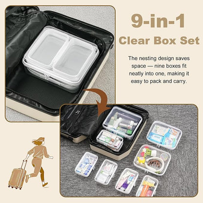 9 pcs Zipper Pouches Nesting Set, Hard Shell Toiletry Bag, Stackable Travel Organizer, Cosmetic Bags, Transparent Diaper Bag, Storage Cases (1 Tall M + 2M + 6S)