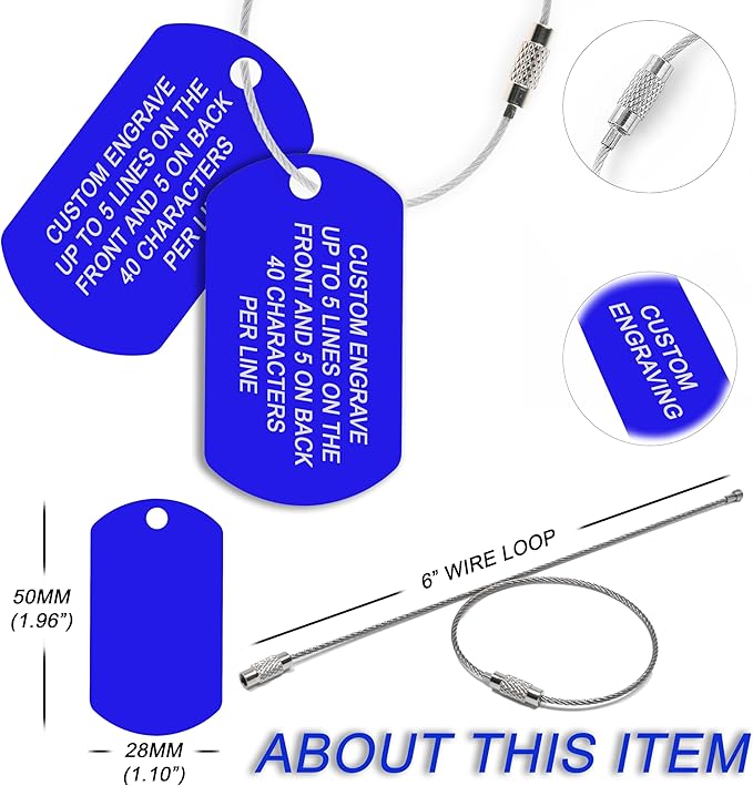 High Visibility Durable Anodized Aluminum Luggage Tags - 2 Pack, Customizable Travel ID Tag for Luggage, Golf Bags & More - Personalized Imprinted ID Tags (Blue)