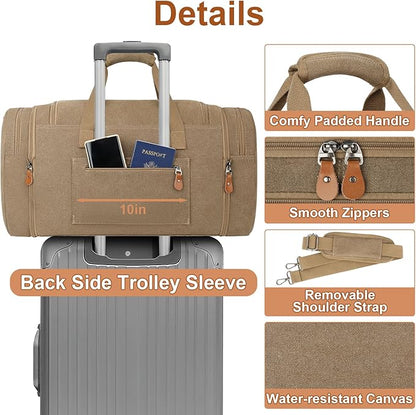 Canvas Mens Duffle Bag for Travel - Expandable 50L Weekender Bags with Toiletry Bag, Overnight Bag Travel Duffel Carry On Luggage with Removable Shoulder Strap, Durable & Water-Resistant