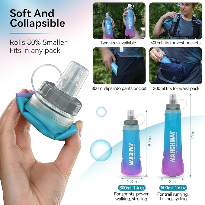 MARCHWAY Soft Hydration Flask with Wide Mouth, 300ml/500ml Collapsible TPU Water Bottle, Leakproof Portable Flexible for Running, Hiking, Cycling, Climbing, Gym, Travel (2pcs Blue-Purple 300ml)