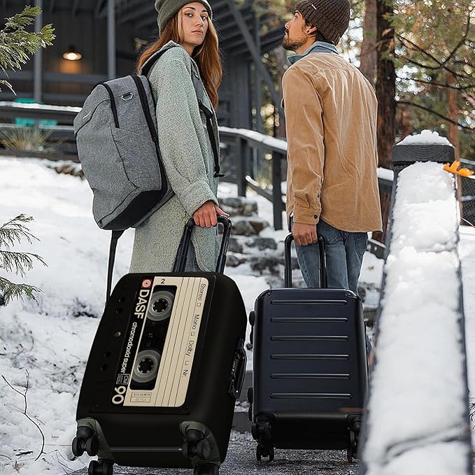 ANNA QUEEN Retro Cassette Tape Luggage Cover, Vintage Music Design Suitcase Protector, Washable Stretchable Travel Sleeve for 24-26 Inch Luggage