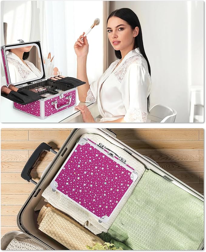 Relavel Makeup Bag with LED Mirror, Makeup Box Travel Train Case with Rechargeable Lighted Mirror, Cosmetic Brush Organizer Storage for Makeup Artists Gifts for Women and Girls, Hot Pink Shining Star