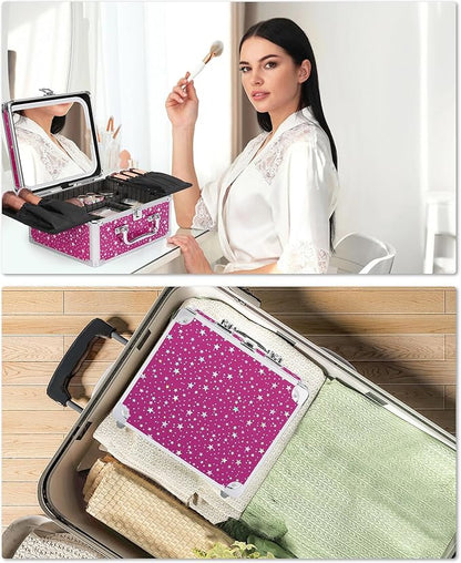 Relavel Makeup Bag with LED Mirror, Makeup Box Travel Train Case with Rechargeable Lighted Mirror, Cosmetic Brush Organizer Storage for Makeup Artists Gifts for Women and Girls, Hot Pink Shining Star