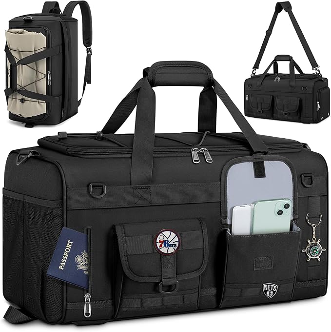 RAINSMORE Gym Bag for Men, 45L Sports Duffel Bag with Shoe Compartment Gym Backpack Carry On Weekender Bag Overnight Backpack Carry On,Black