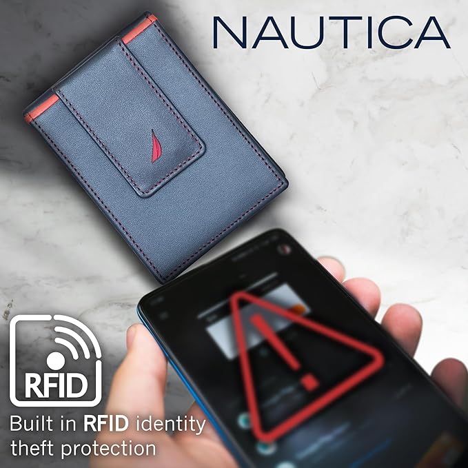 Nautica Men's Slim Wallet | Card Case | RFID Blocking | ID Window | Minimalist | Lightweight | Genuine Leather
