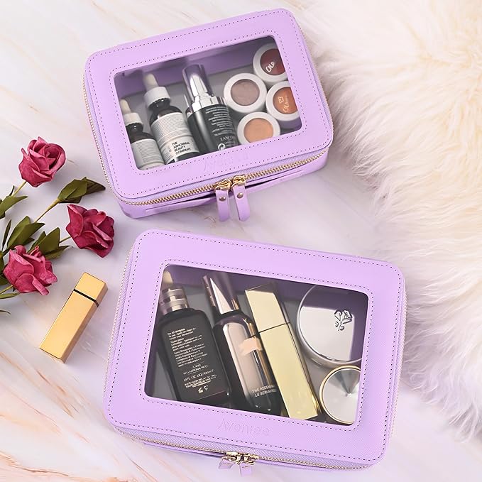 Aveniee Clear Makeup Bag Organizer,Large Travel Toiletry Bag for Women, Waterproof Cosmetic Pouch with Zippers,Car Organizers and Storage Case for Accessories,Lilac