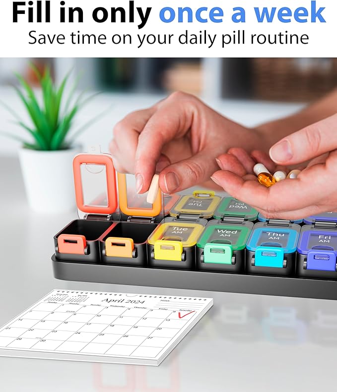 Large Weekly Pill Organizer 2 Times a Day – AM/PM Medicine Organizer with Thick Silicone Seal, Upgraded Secure Locks, Moisture-Proof Pill Box with Removable Rows for Travel, Fits Large Supplements