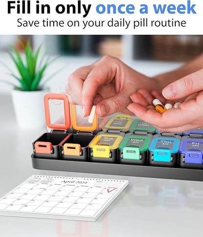 Large Weekly Pill Organizer 2 Times a Day – AM/PM Medicine Organizer with Thick Silicone Seal, Upgraded Secure Locks, Moisture-Proof Pill Box with Removable Rows for Travel, Fits Large Supplements