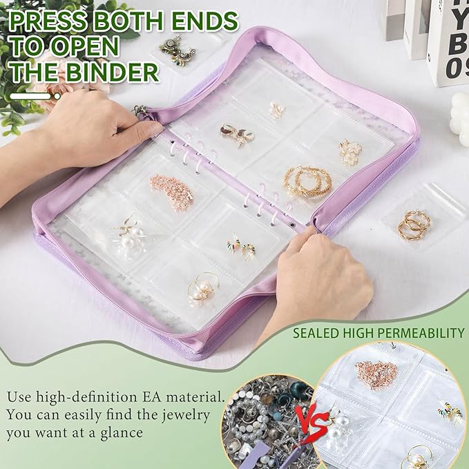 Jewelry Organizer Case Travel Clear Earring Organizer Case Transparent Jewelry Storage Book with Clear Zippered Jewelry Pouch (Purple, With 80 Pcs small Jewelry Pouches)