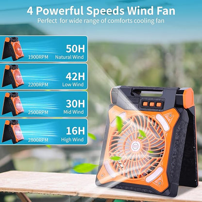 Solar Fan Battery Powered Rechargeable Solar Camping Fan with Led Lantern Power Bank Foldable Angle USB Personal Fans for Travel Outdoor CampingTents camping essentials X98 Orange