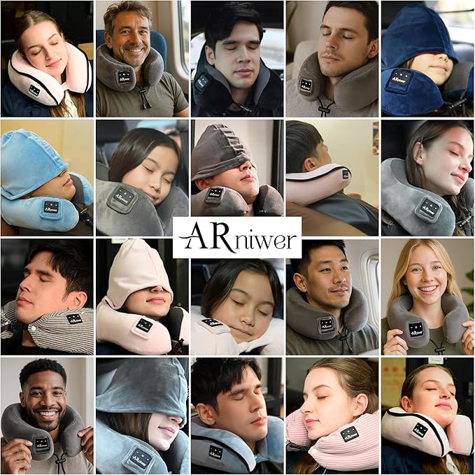 Bluetooth Music Semicircular Neck Pillow with Hood Wireless Bluetooth Speaker Suitable Airplane,Car,Office,and Outdoor Camping for Sleeping, Resting The Best Travel Essentials. (Navy Blue)