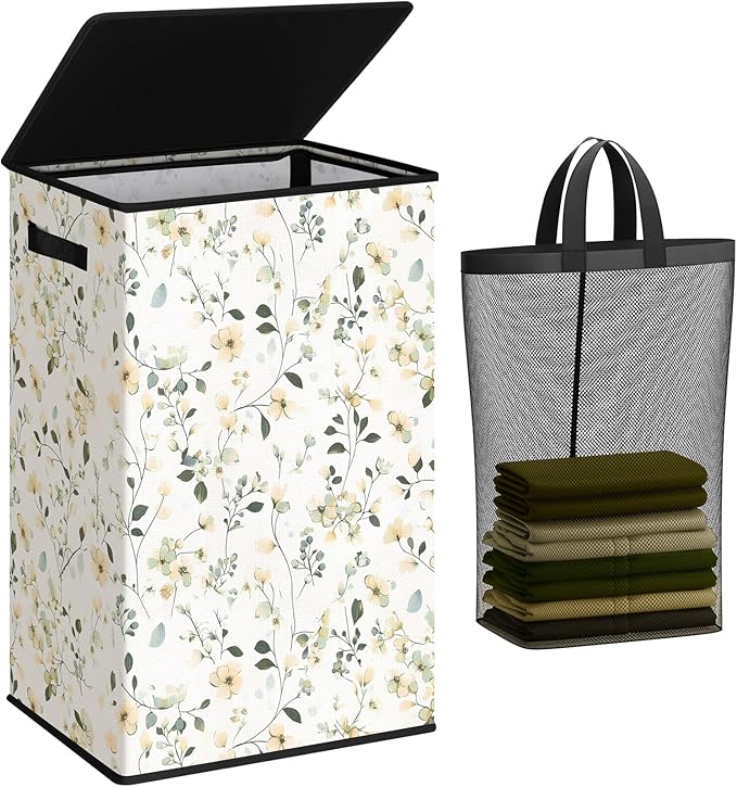 SOLEDI Laundry Hamper with Lid, 90L Tall & Large Floral Laundry Basket, Collapsible Clothes Hamper with Removable Bag, Dirty Hampers for Bedroom, Bathroom, Laundry Room