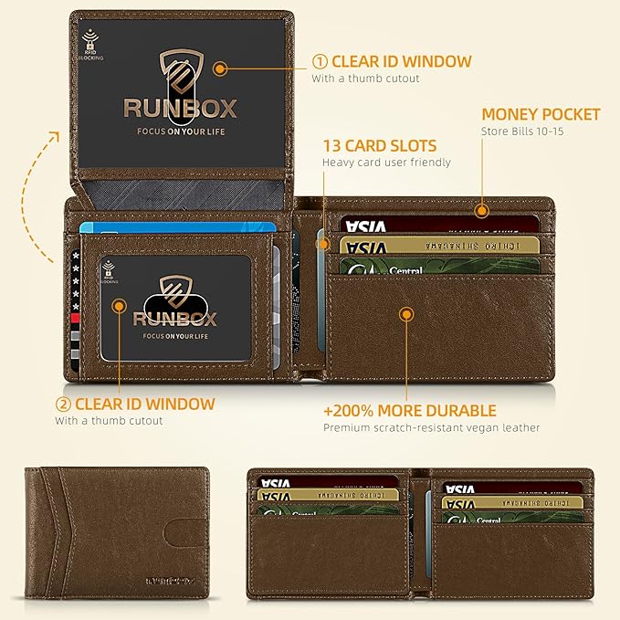 RUNBOX Wallet for Men Slim Rfid Leather 2 ID Window With Gift Box