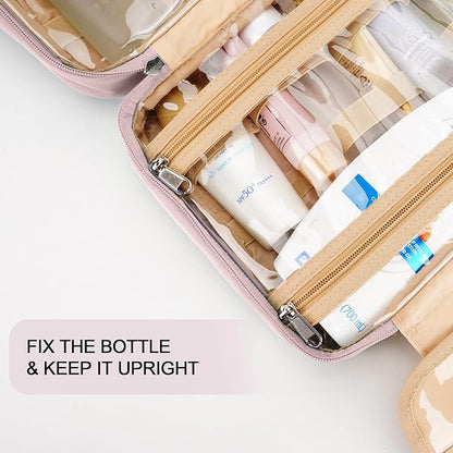 Travel Hanging Toiletry Bag for Women, with Jewelry Organizer Compartment, Medium Waterproof Hanging Makeup Accessories, Cosmetic Essentials, Toiletries Dopp Kit Set with Trolley Belt, Baby Pink