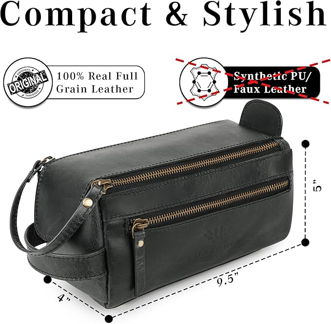 LUXEORIA Genuine Leather Toiletry Bags for Men and Women, Handmade Premium Leather Dopp Kit and Shaving Bag, Cosmetic Bag for Womens and Mens, Travel Essentials & Organizers