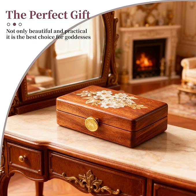 Travel Jewelry Case Small Wood Jewelry Organizer Jewelry Box for Women (Nut-Brown Print B)