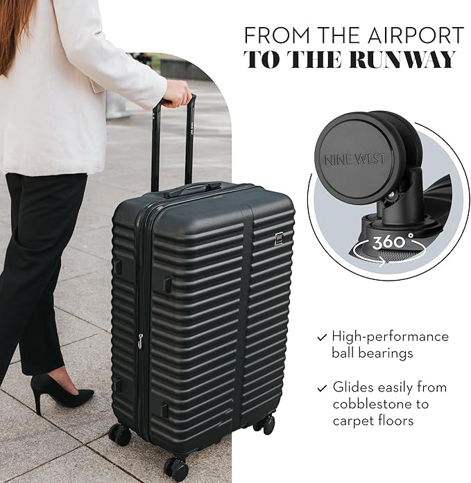 Nine West Suvi 28 Inch Hardshell Spinner, Large Expandable Checked Luggage, Extra Capacity Suitcase for Extended Travel Midnight Black