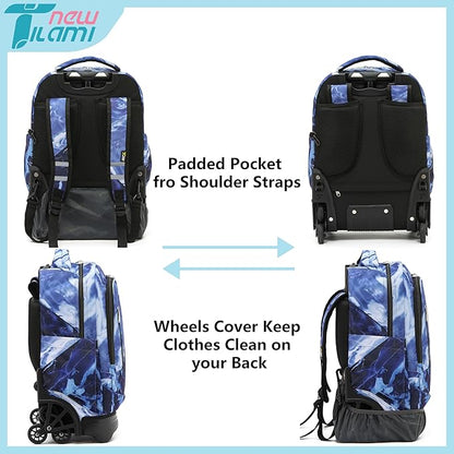 NEW TILAMI 18 Inch Rolling Backpack with Wheels for Girls Boys Kids Laptop Backpack School Travel, Purple Lightning