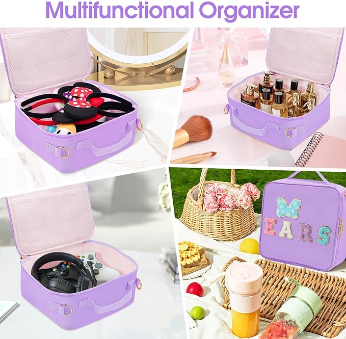 Chenille Letter Bow Mouse Ears Travel Case, Park Ears Headband Holder Hair Accessories Organizer Bag for Girls Women Kids Adults, Large Makeup Bag Snack Bags with Zipper for Travel Picnic - Purple