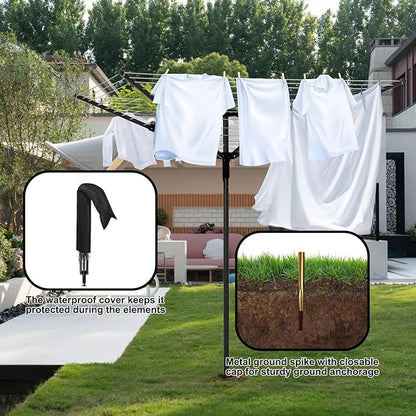 Umbrella Clothesline Outdoor, Rotary Retractable Clothes Line Outdoors Adjustable Height Drying Rack Clothing 4 Arms 12 Lines with 165 Feet Heavy Duty Outdoor Clothesline for Backyard