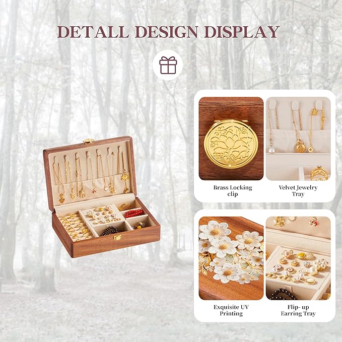 Travel Jewelry Case Small Wood Jewelry Organizer Jewelry Box for Women (Nut-Brown Print C)
