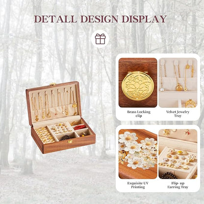 Travel Jewelry Case Small Wood Jewelry Organizer Jewelry Box for Women (Nut-Brown Print C)