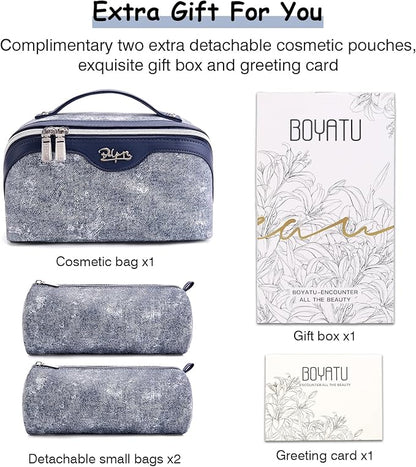 BOYATU Travel Makeup Bag Cosmetic Bags for Women: 3 Sets Large Capacity Make up Bag - Portable Toiletry Bags with Handle for Women(F-4-Dark Blue)