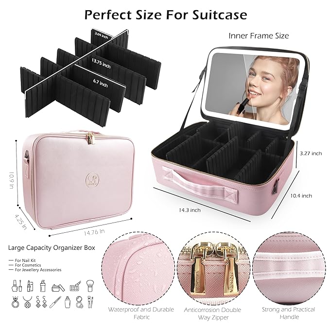 MOMIRA Large Makeup Train Case with Lighted and Mirror 14inch Partitionable Cosmetic Bag Travel Makeup Case Professional Cosmetic Artist Organizer, Waterproof Portable, with Shoulder Stra Pink