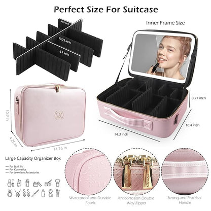 MOMIRA Large Makeup Train Case with Lighted and Mirror 14inch Partitionable Cosmetic Bag Travel Makeup Case Professional Cosmetic Artist Organizer, Waterproof Portable, with Shoulder Stra Pink