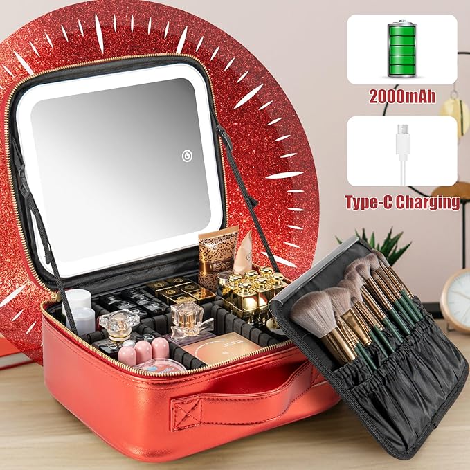 Makeup Travel Train Case with Mirror LED Light 3 Adjustable Brightness Large Cosmetic Bag Portable Storage Adjustable Partition Waterproof Brushes Make up Jewelry Gift for Women