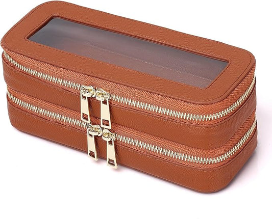 Pinkmik Double Layer Makeup Bag Makeup Brush Case Waterproof Travel Cosmetic & Toiletry Bag Purse Organizer and Car Essentials for Women (X/Brown, Double SLIM)