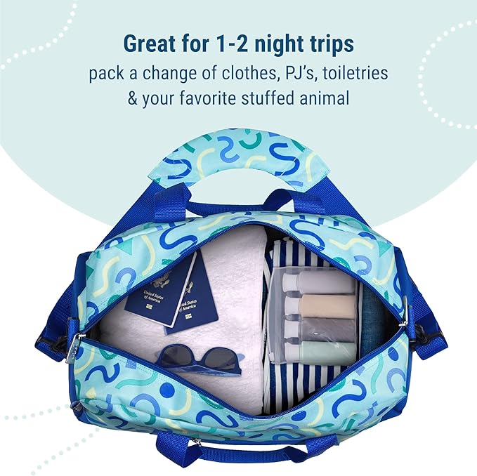 Wildkin Kids Overnighter Duffel Bag – Carry-On Size, Ideal for School & Sleepovers – Confetti Blue