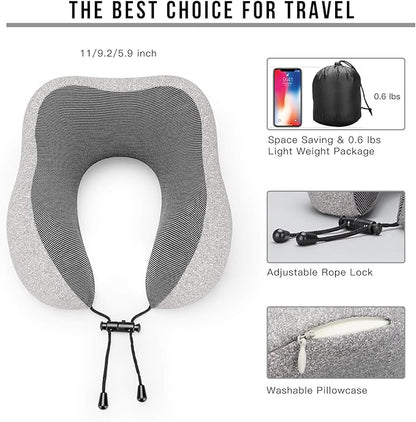 MLVOC Travel Pillow 100% Pure Memory Foam Neck Pillow, Comfortable & Breathable Cover, Machine Washable, Airplane Travel Kit with 3D Sleep Mask, Earplugs, and Luxury Bag,Standard (Grey)