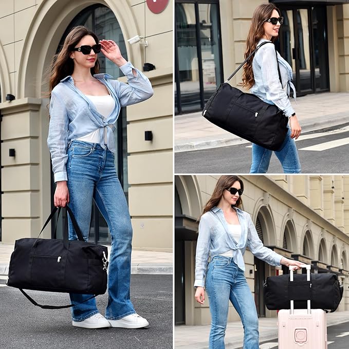 Carry on luaggage 22x14x9 Airlines Approved, Foldable Travel Duffel Bags Weekender Overnight Carry on Duffel Luggage Gym Duffle Bag with Wet Pocket & Shoe Compartment for Women Men(Black, 40L)