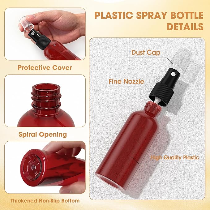 100Pack Small Spray Bottles 2oz, 60ml Travel Spray Bottle Bulk Black Fine Mist Sprayer, Empty Refillable Containers Portable Cosmetic Plastic Spray Bottles for Cleaning, Misting & Skin Care-Red