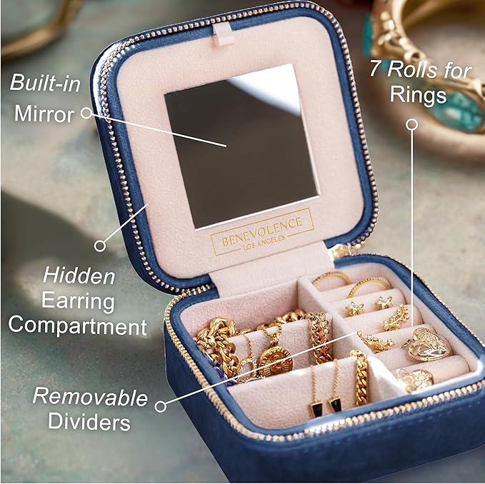 Benevolence LA Plush Velvet Jewelry Box | Travel Jewelry Case Organizer with Mirror | Featured in Oprah's Favorite Things | Best Gifts For Daughter, Girlfriend, Mom | Gifts For Her - Navy Blue