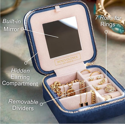 Benevolence LA Plush Velvet Jewelry Box | Travel Jewelry Case Organizer with Mirror | Featured in Oprah's Favorite Things | Best Gifts For Daughter, Girlfriend, Mom | Gifts For Her - Navy Blue