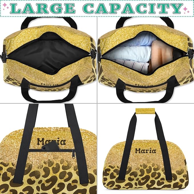Personalized Kids Sports Duffel Bag with Name Custom Weekender Overnight Bag for Boys Girls Gym Bag Travel Dance Gymnastics Duffel Bag, Golden Glitter Leopard Print