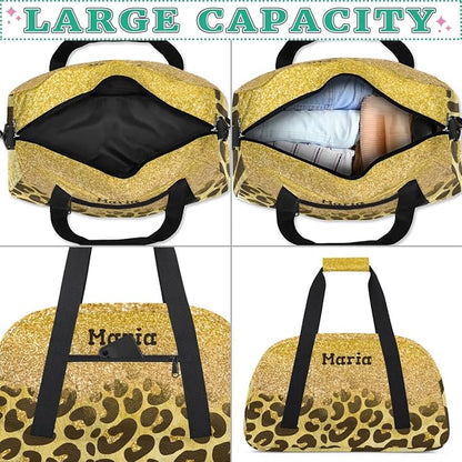 Personalized Kids Sports Duffel Bag with Name Custom Weekender Overnight Bag for Boys Girls Gym Bag Travel Dance Gymnastics Duffel Bag, Golden Glitter Leopard Print