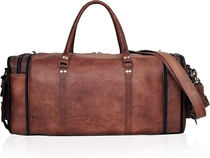 Genuine Leather Duffle Bag 24 Inch Handmade Vintage Travel Case Luggage Bags for Men, Overnight Carry On Duffel Bag Medium Weekender Gym Bag for Men and Women
