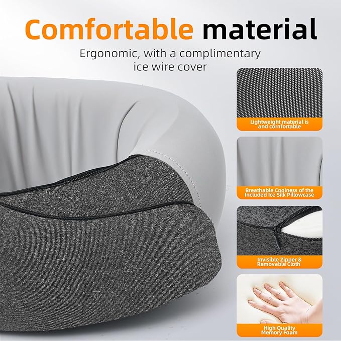 Travel Neck Pillows for Airplanes, Premium 100% Memory Foam Neck Pillow with Alternative Cooling Ice Silk Cover - Upgrade Liner Enables Easy Pillowcase Cleaning, Travel Pillow Fits Plane, Car, Train